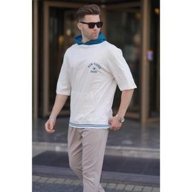 Madmext 6182 Ekru Kapüşonlu Erkek T-shirt