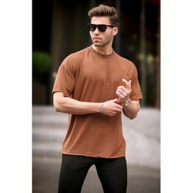 Madmext 6191 Kahverengi Oversize Bisiklet Yaka Erkek T-shirt