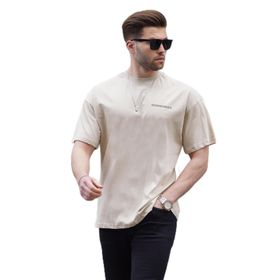 Madmext 6192 Bej Oversize Baskılı Erkek T-shirt