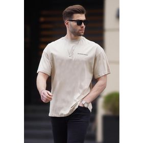 Madmext 6192 Bej Oversize Baskılı Erkek T-shirt