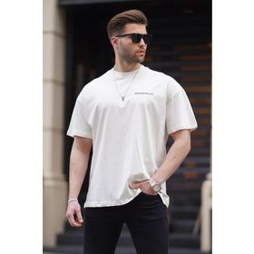 Madmext 6192 Ekru Oversize Baskılı Erkek T-shirt
