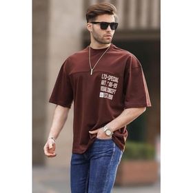 Madmext 6193 Kahverengi Oversize Baskılı Erkek T-shirt