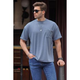 Madmext 6194 İndigo Cep Detaylı Oversize Erkek T-shirt