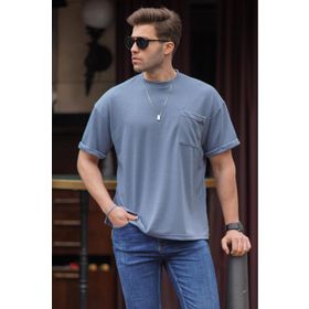 Madmext 6194 İndigo Cep Detaylı Oversize Erkek T-shirt