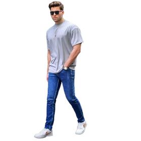 Madmext 6198 Boyalı Çizgili Oversize Gri Erkek T-shirt