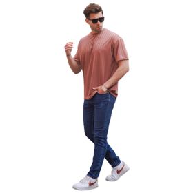 Madmext 6198 Gül Kurusu Çizgili Oversize Erkek T-shirt