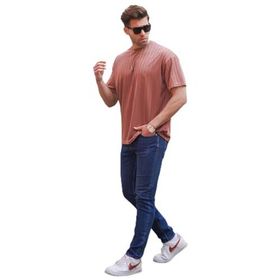 Madmext 6198 Gül Kurusu Çizgili Oversize Erkek T-shirt