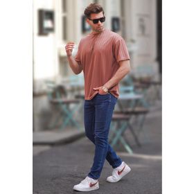 Madmext 6198 Gül Kurusu Çizgili Oversize Erkek T-shirt