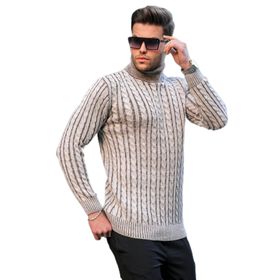 Madmext 6317 Bej Balıkçı Yaka Örgü Detaylı Erkek Kazak