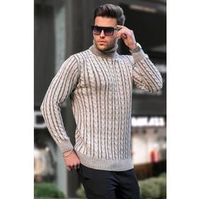 Madmext 6317 Bej Balıkçı Yaka Örgü Detaylı Erkek Kazak