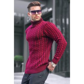 Madmext 6317 Bordo Balıkçı Yaka Örgü Detaylı Erkek Kazak