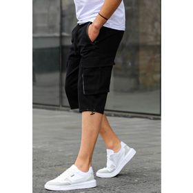 Madmext 6332 Siyah Kargo Cep Erkek Gabardin Kapri Şort