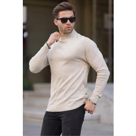 Madmext 6343 Taş Rengi Slim Fit Yarım Balıkçı Yaka Erkek Triko Kazak