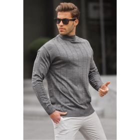 Madmext 6344 Antrasit Slim Fit Yarım Balıkçı Yaka Çizgili Tüylenmeyen Erkek Triko Kazak