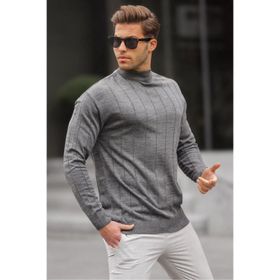 Madmext 6344 Antrasit Slim Fit Yarım Balıkçı Yaka Çizgili Tüylenmeyen Erkek Triko Kazak