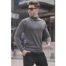 Madmext 6344 Antrasit Slim Fit Yarım Balıkçı Yaka Çizgili Tüylenmeyen Erkek Triko Kazak