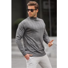 Madmext 6344 Antrasit Slim Fit Yarım Balıkçı Yaka Çizgili Tüylenmeyen Erkek Triko Kazak