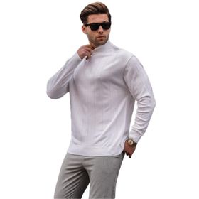 Madmext 6344 Ekru Slim Fit Yarım Balıkçı Yaka Çizgili Erkek Triko Kazak