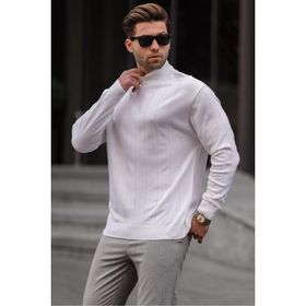 Madmext 6344 Ekru Slim Fit Yarım Balıkçı Yaka Çizgili Erkek Triko Kazak