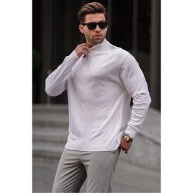 Madmext 6344 Ekru Slim Fit Yarım Balıkçı Yaka Çizgili Erkek Triko Kazak
