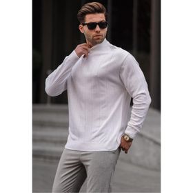 Madmext 6344 Ekru Slim Fit Yarım Balıkçı Yaka Çizgili Erkek Triko Kazak