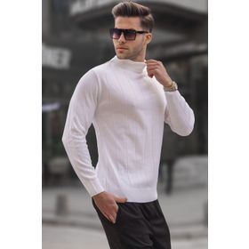 Madmext 6344 Ekru Slim Fit Yarım Balıkçı Yaka Çizgili Erkek Triko Kazak