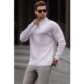 Madmext 6344 Ekru Slim Fit Yarım Balıkçı Yaka Çizgili Erkek Triko Kazak