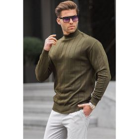 Madmext 6344 Haki Slim Fit Yarım Balıkçı Yaka Çizgili Erkek Triko Kazak