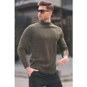 Madmext 6344 Haki Slim Fit Yarım Balıkçı Yaka Çizgili Erkek Triko Kazak