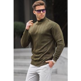 Madmext 6344 Haki Slim Fit Yarım Balıkçı Yaka Çizgili Erkek Triko Kazak