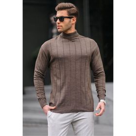 Madmext 6344 Koyu Kahverengi Slim Fit Yarım Balıkçı Yaka Çizgili Erkek Triko Kazak
