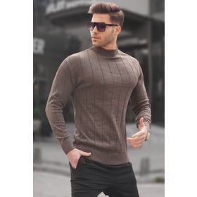 Madmext 6344 Koyu Kahverengi Slim Fit Yarım Balıkçı Yaka Çizgili Erkek Triko Kazak