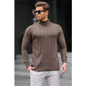 Madmext 6344 Koyu Kahverengi Slim Fit Yarım Balıkçı Yaka Çizgili Erkek Triko Kazak
