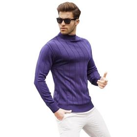 Madmext 6344 Lacivert Slim Fit Yarım Balıkçı Yaka Çizgili Tüylenmeyen Erkek Triko Kazak