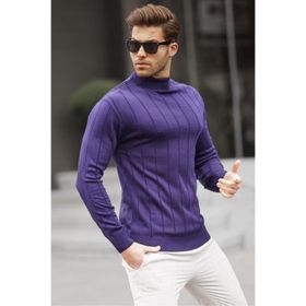 Madmext 6344 Lacivert Slim Fit Yarım Balıkçı Yaka Çizgili Tüylenmeyen Erkek Triko Kazak