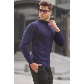 Madmext 6344 Lacivert Slim Fit Yarım Balıkçı Yaka Çizgili Tüylenmeyen Erkek Triko Kazak
