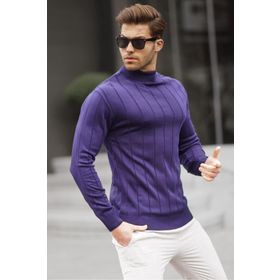 Madmext 6344 Lacivert Slim Fit Yarım Balıkçı Yaka Çizgili Tüylenmeyen Erkek Triko Kazak