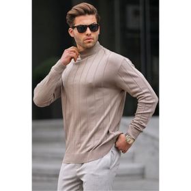 Madmext 6344 Vizon Slim Fit Yarım Balıkçı Yaka Çizgili Tüylenmeyen Erkek Triko Kazak