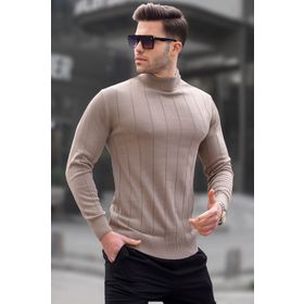 Madmext 6344 Vizon Slim Fit Yarım Balıkçı Yaka Çizgili Tüylenmeyen Erkek Triko Kazak
