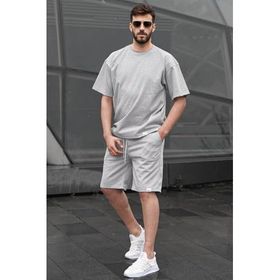Madmext 6398 Gri Çizgili Erkek Şort Takımı