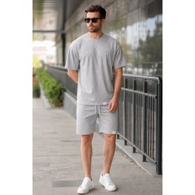 Madmext 6398 Gri Çizgili Erkek Şort Takımı