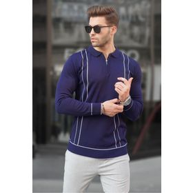 Madmext 6823 Lacivert Fermuarlı Polo Yaka Triko Erkek Kazak