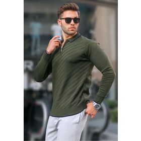 Madmext 6824 Haki Fermuarlı Erkek Triko Kazak