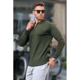 Madmext 6824 Haki Fermuarlı Erkek Triko Kazak