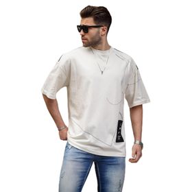 Madmext 7004 Ekru Desenli Oversize Erkek T-shirt