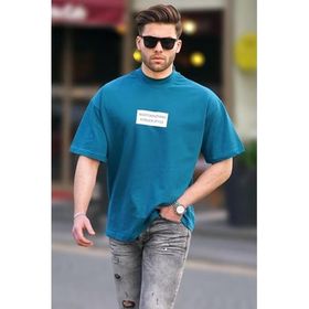 Madmext 7005 Petrol Mavisi Yalancı Dik Yaka Oversize Erkek T-shirt