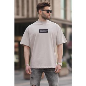 Madmext 7005 Taş Rengi Rengi Yalancı Dik Yaka Oversize Erkek T-shirt