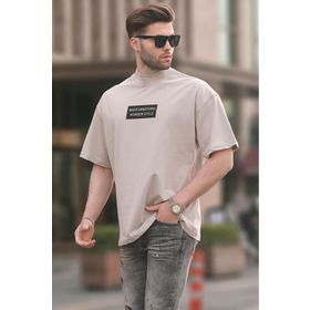 Madmext 7005 Taş Rengi Rengi Yalancı Dik Yaka Oversize Erkek T-shirt