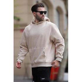 Madmext 7093 Fermuar Yakalı Kanguru Cep Detaylı Bej Erkek Sweatshirt