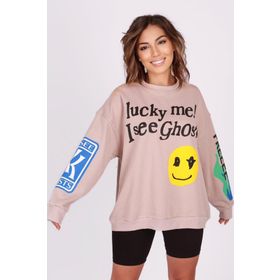 Madmext MG1206 Bej Mad Girls Baskılı Oversize Kadın Sweatshirt